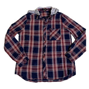 i joah Womens Flannel Plaid Hoodie Shirt Size Large Button Up Red Navy Skater